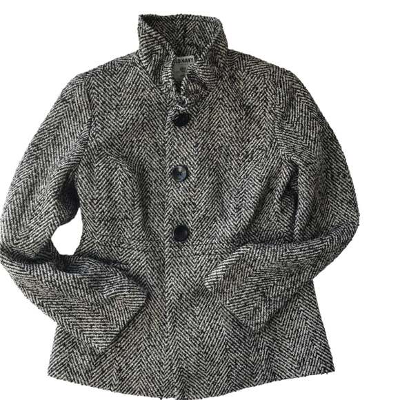 Old Navy Coat Ruffle Collar Black Tweed Button UP Women's Size Small Petite - Picture 2 of 11